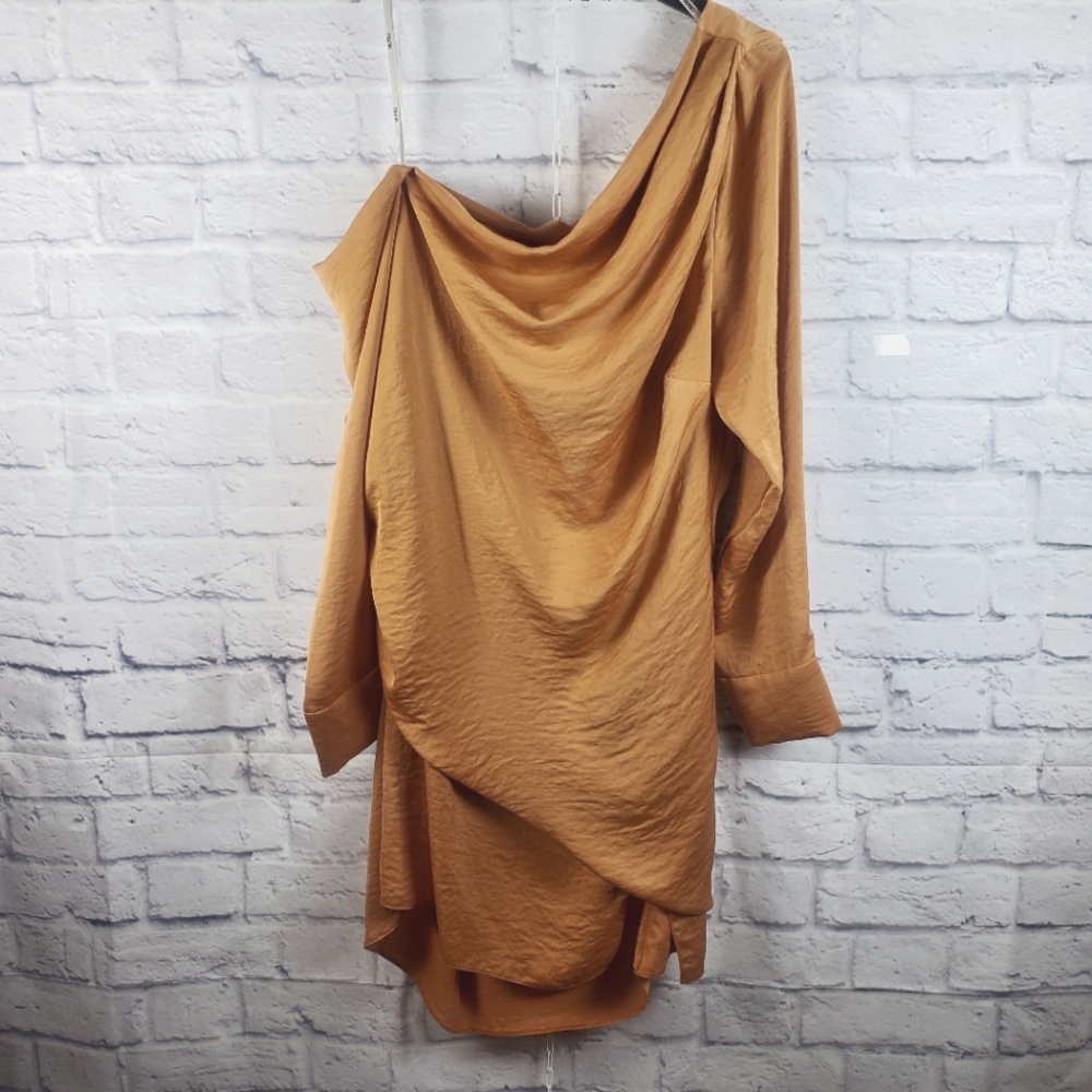 NWT ASOS L/S One Shoulder Faux Sarong Dress, 14, Orange